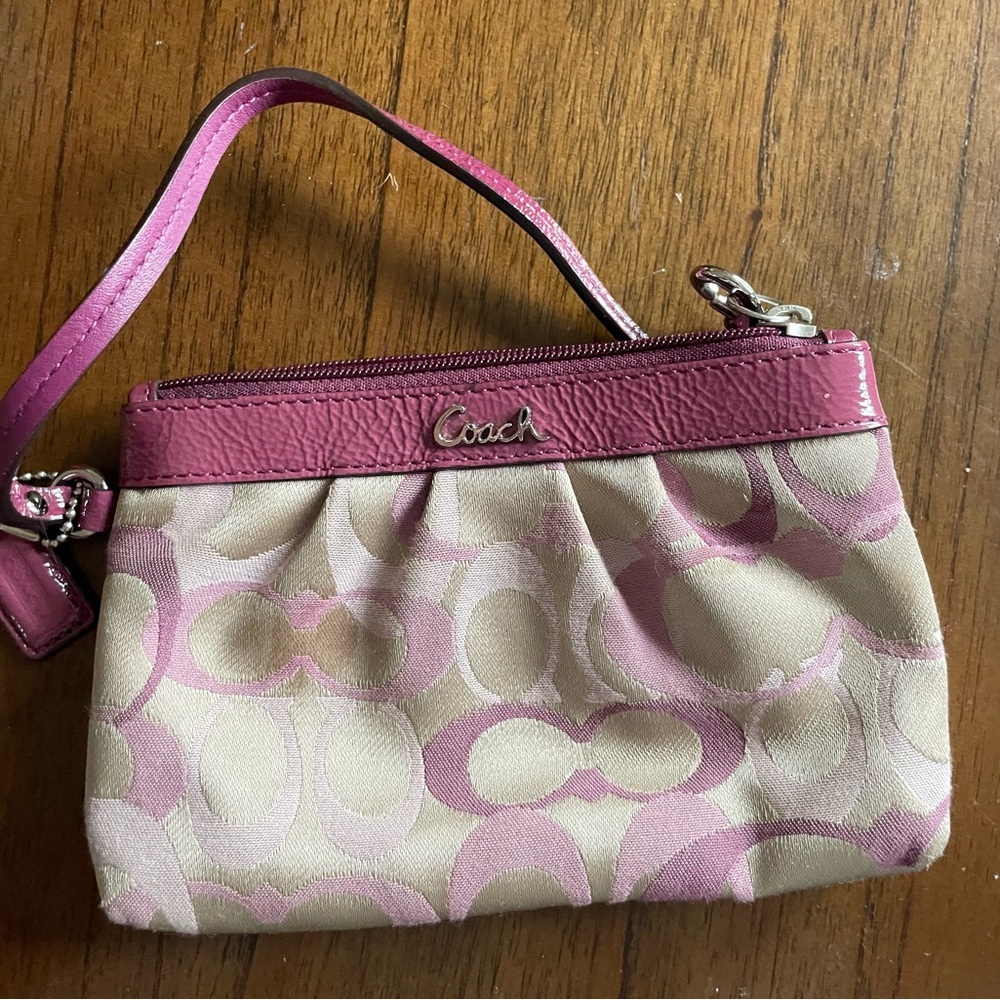 Coach Beige Signature Canvas Wristlet with Pink Trim